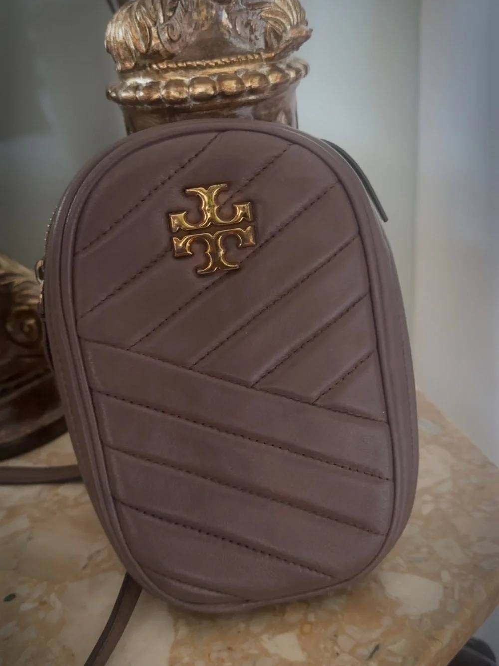 Tory Burch Taupe Quilted Leather Crossbody Phone Pouch with Gold Logo